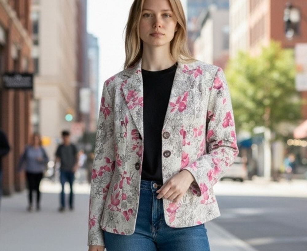 Blazer Floral Linen Blend Lined 90s Y2K Boho Cottage Office Women SZ 12 RQT